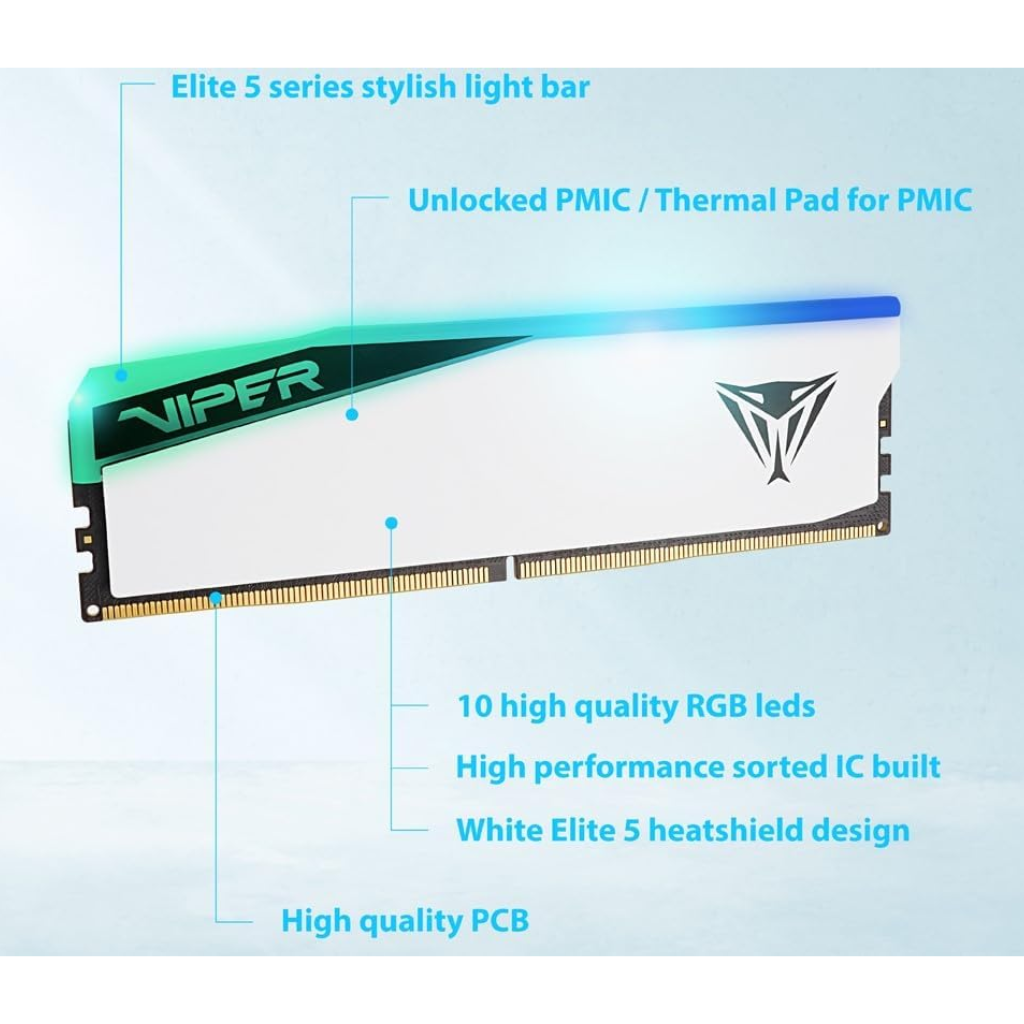 MEMORIA RAM PATRIOT VIPER ELITE 5 DDR5 16GB 6000MHZ WHITE RGB CL42 1.35V UDIMM. Datacont S.A.C